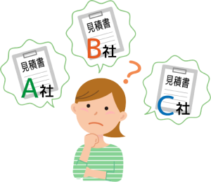 外壁塗装の業者選びで複数社の見積もりに悩んでいる利用者のイメージイラスト