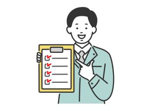 チェックリストを手に持ち、読者にポイントを説明している人物イラスト