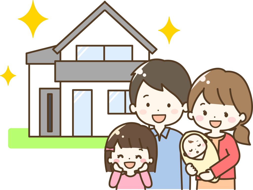新しく塗装された家の前で安心した笑顔の家族が並んでいるイラスト