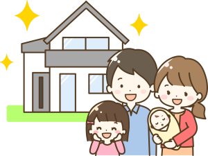 外壁塗装して綺麗になった家の前に喜ぶ家族のイラスト