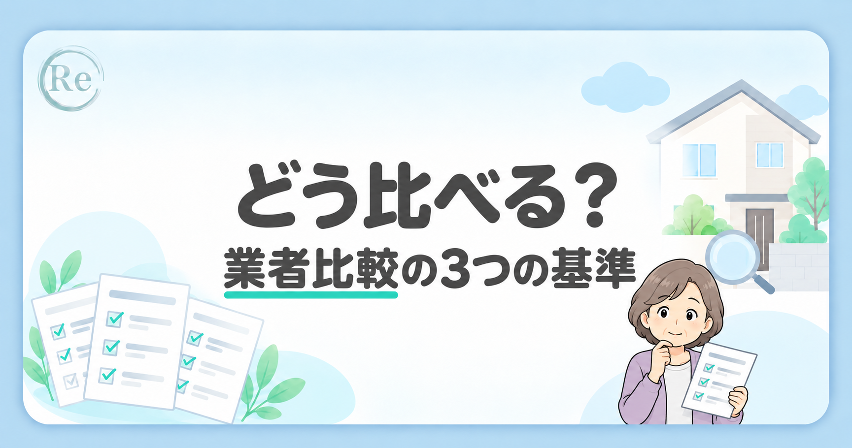 「どう比べる? 業者比較の3つの基準」の文字と、比較書類を見ながら考える施主のイラスト