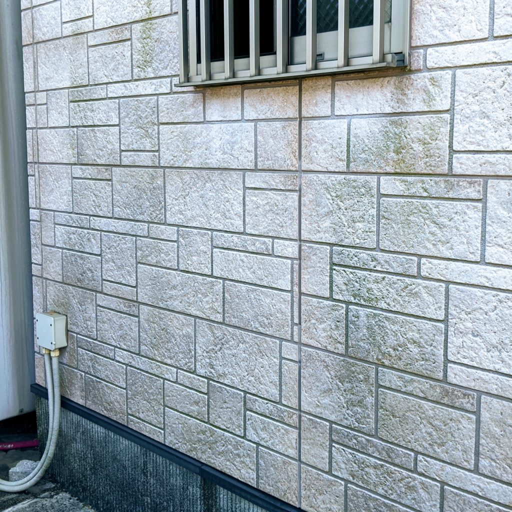 外壁に緑の苔や黒カビが発生している写真。