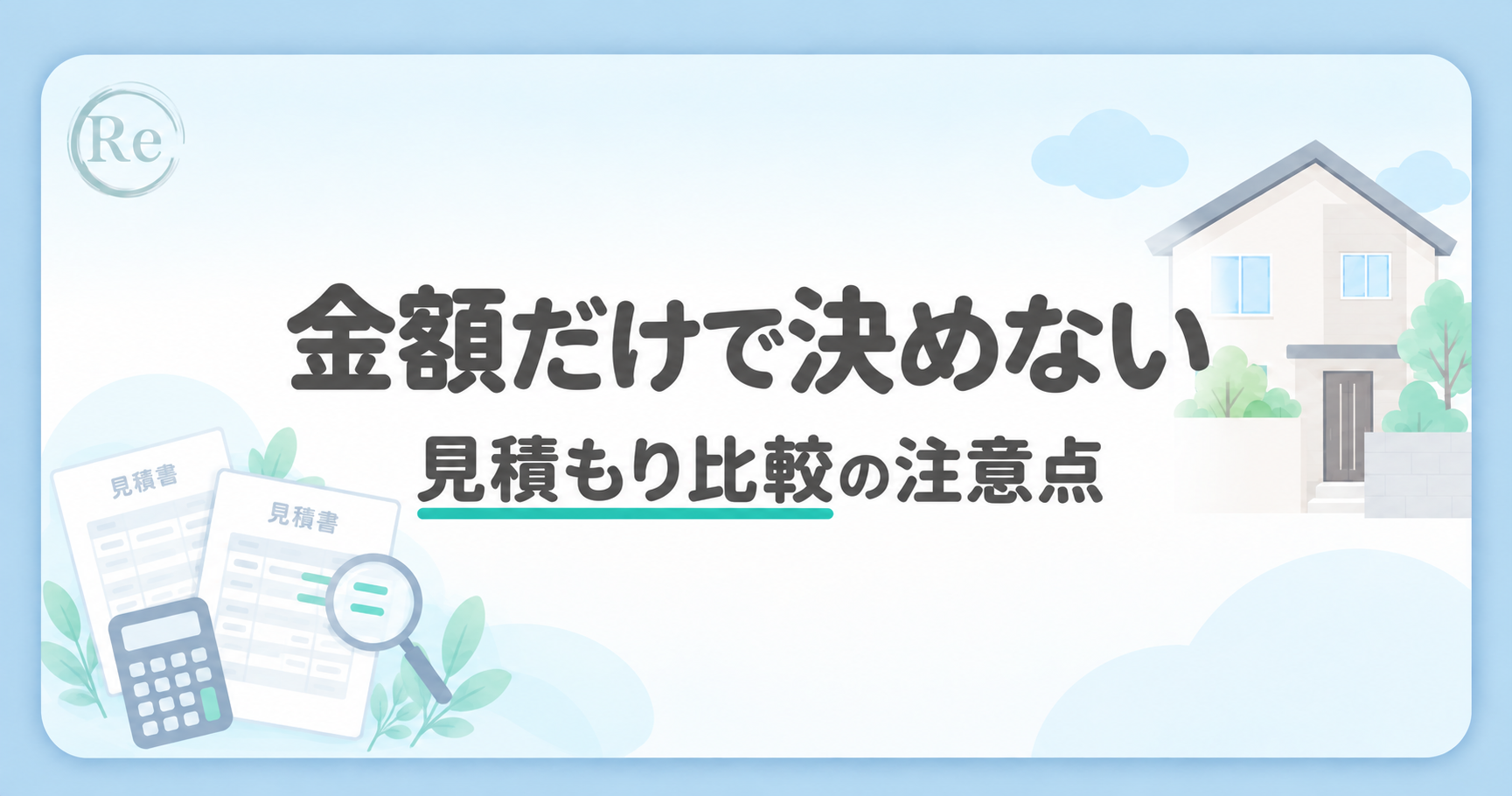 注意点 「金額だけで決めない 見積もり比較の注意点」の文字と、見積書・電卓・虫眼鏡のイラスト