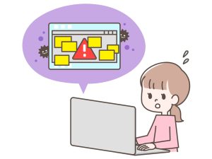 女性がパソコンで怪しい口コミサイトを見ているイラスト