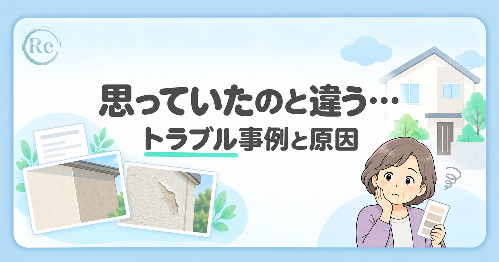 「思っていたのと違う… トラブル事例と原因」の文字と、色の違い・塗膜の剥がれ・戸惑う施主のイラスト