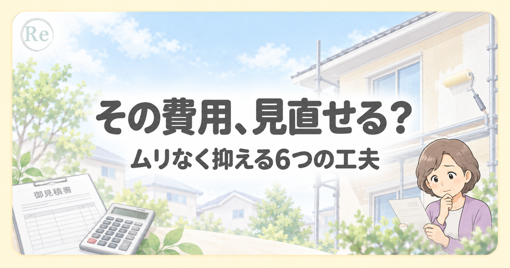 見積書を見ながら塗装費用を考える年配女性と、電卓・住宅を描いたイラスト。