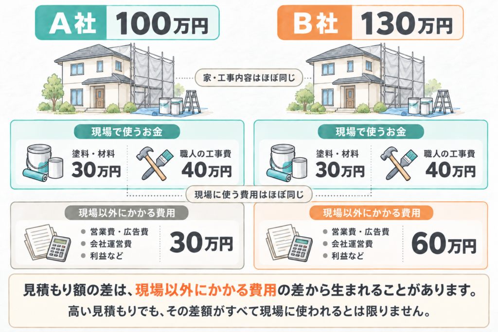 A社100万円とB社130万円の見積もりを比較した図。塗料・材料と職人の工事費は同じでも、営業費・広告費・会社運営費・利益などの違いで総額に差が生じるイメージ例。