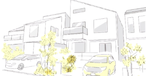 住宅街に並ぶ3軒の家と車のイラスト。落ち着いた雰囲気で冷静な判断を促すイメージ。
