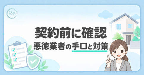 「契約前に確認 悪徳業者の手口と対策」の文字と、案内役の女性・チェックリスト・盾のイラスト