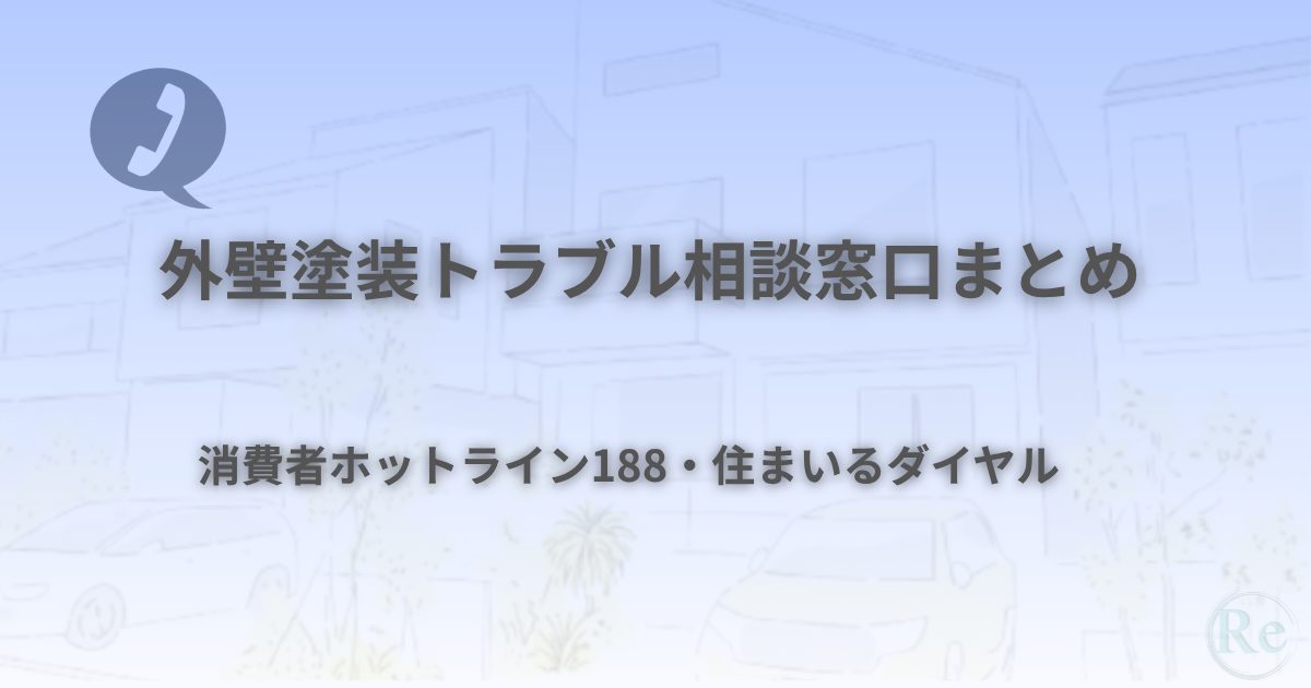 外壁塗装トラブルの相談窓口を案内するページのイメージ画像（家の線画と電話アイコン付き）