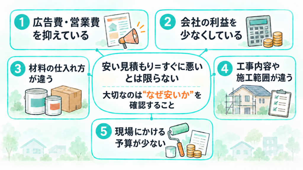 外壁塗装の見積もりが安くなる5つの理由を示した図解。広告費・営業費、利益、材料の仕入れ方、施工範囲、現場予算の違いを確認することが大切。