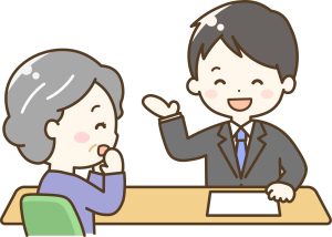 外壁塗装で業者の人と談笑する年配の女性のイラスト。