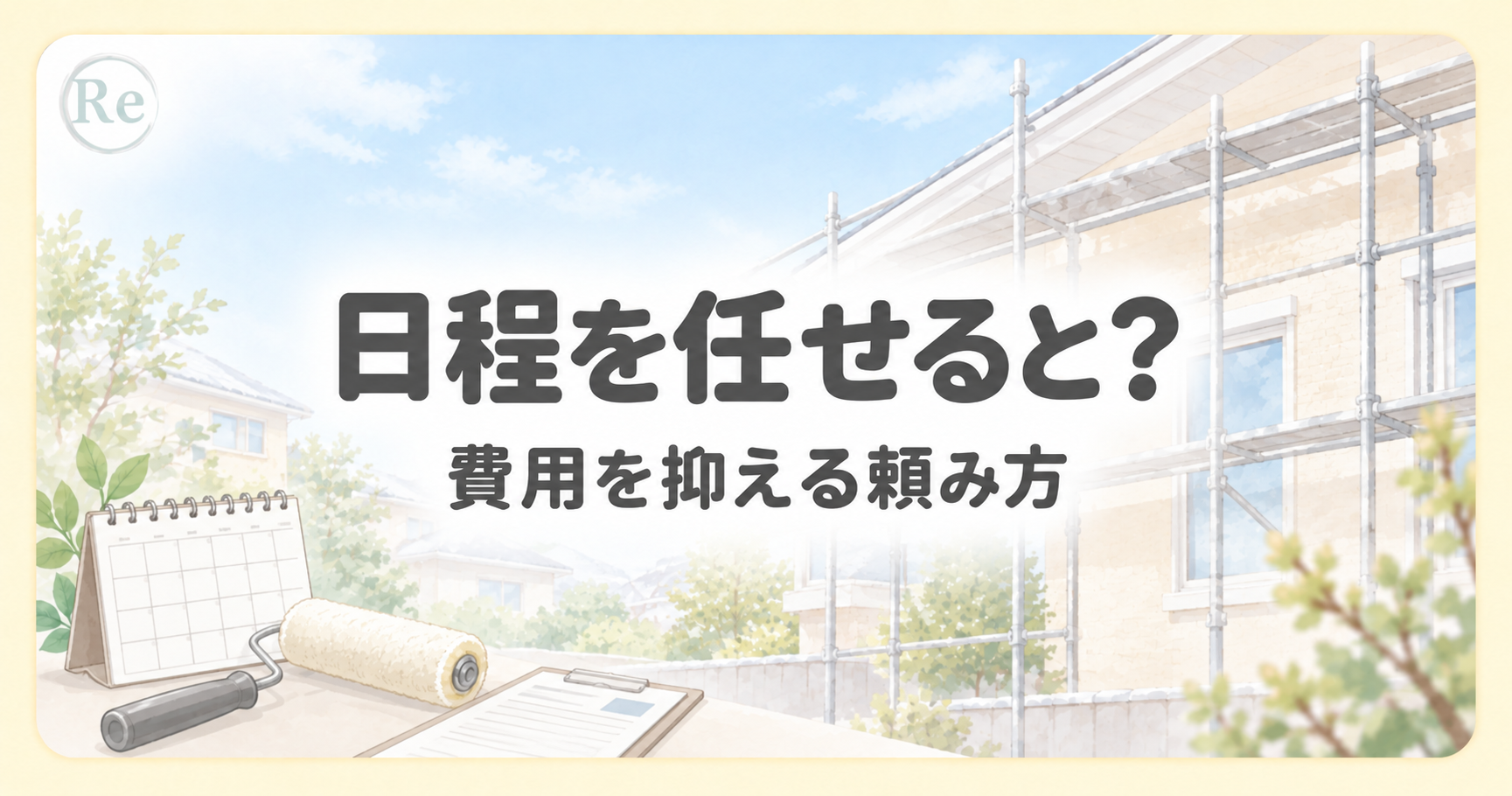 足場のある住宅とカレンダーを背景に、外壁塗装の依頼時期と費用を表したイラスト。