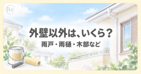 雨樋や雨戸、ベランダのある住宅と塗装道具を描いた、付帯工事の費用に関するイラスト。