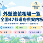 全国47都道府県の外壁塗装相場を地域別に探せる案内ページのアイキャッチ画像。日本地図と地域別の案内をイラストで表している。