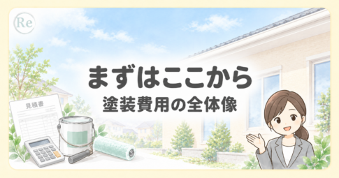 見積書と電卓、塗装道具のそばで外壁塗装の費用を案内する女性のイラスト。