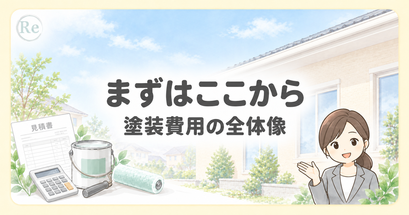 見積書と電卓、塗装道具のそばで外壁塗装の費用を案内する女性のイラスト。