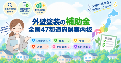 全国47都道府県の外壁塗装補助金を地域別に探せる案内ページのアイキャッチ画像。日本地図と地域別の案内をイラストで表している。