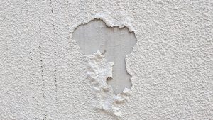 外壁の塗膜が浮いてめくれ、下地が見えている状態