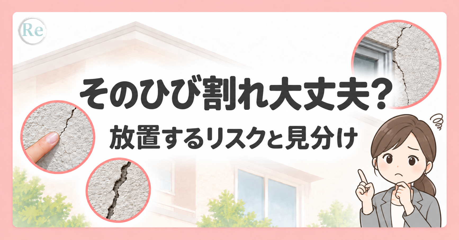 外壁のひび割れを確認する案内役の女性