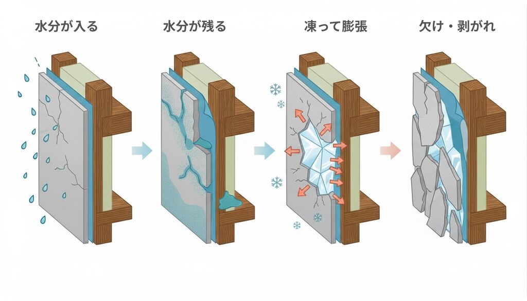 ひび割れから入った水分が凍って膨張し、外壁の欠けや剥がれにつながる流れを示したイラスト