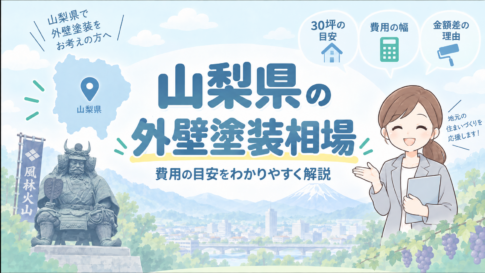 山梨県の外壁塗装相場を紹介するアイキャッチ画像。費用の目安や金額差の理由を、地域のイラストとともにわかりやすく案内している。