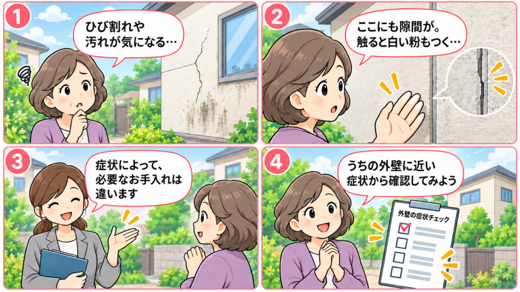 壁のひび割れや白い粉などの症状を確認する4コマ漫画