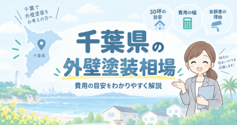 千葉県の外壁塗装相場を紹介するアイキャッチ画像。費用の目安や金額差の理由を、地域のイラストとともにわかりやすく案内している。
