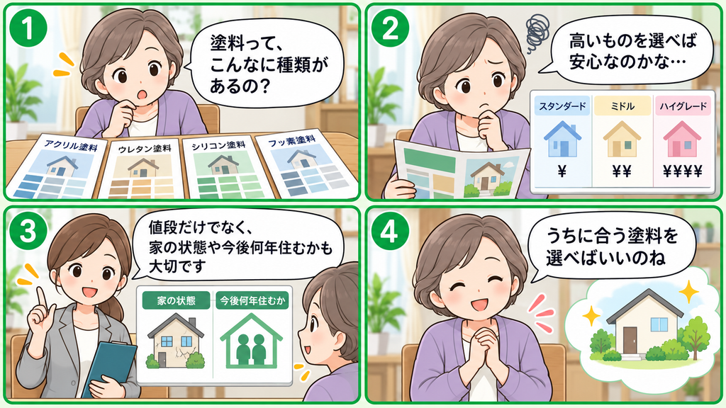 塗料の種類や価格に迷う年配女性が、案内役女性から家の状態や今後の住まい方に合った塗料選びを学ぶ4コマ漫画