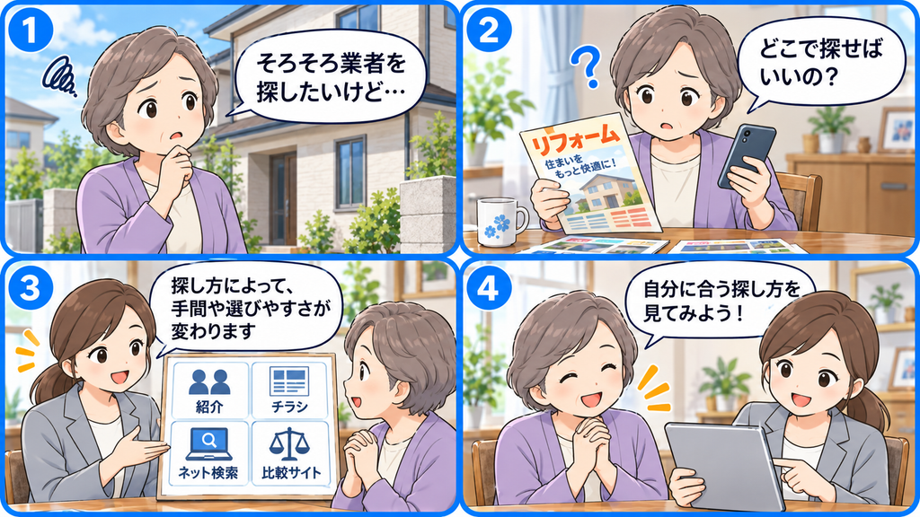 外壁塗装の業者をどう探すか迷う年配女性が、案内役女性の説明を受けながら自分に合う探し方を確認する4コマ漫画