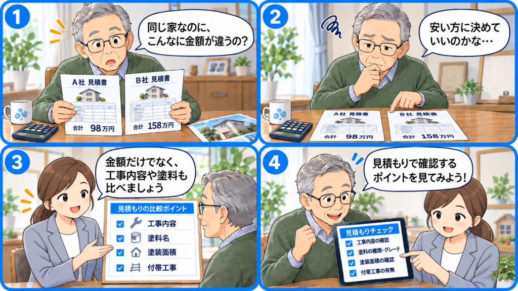 外壁塗装の業者探しで迷う年配女性が、自分に合う探し方を確認する4コマ漫画