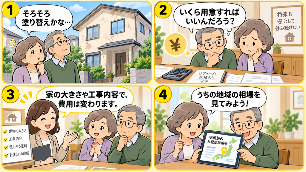 外壁塗装の時期や費用を年配夫婦が考え、案内役女性の説明を受けながら地域別の相場を確認する4コマ漫画
