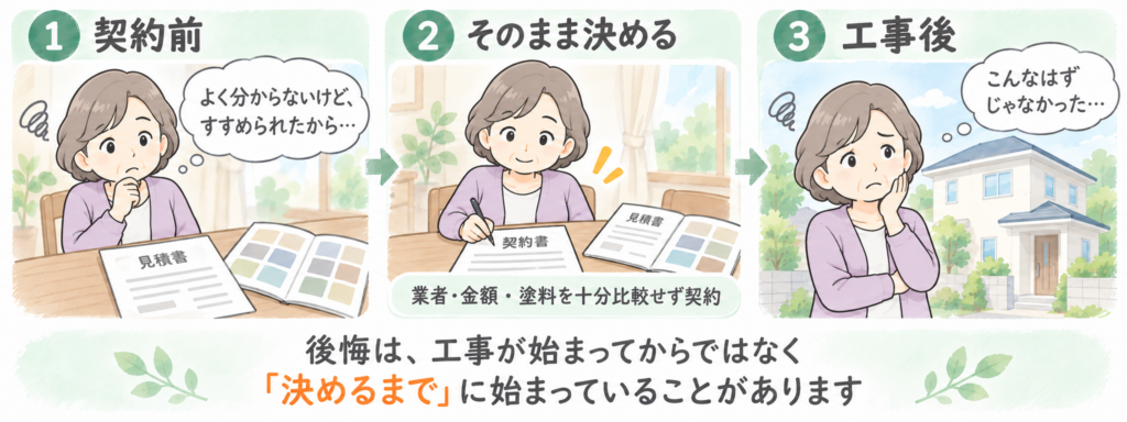 外壁塗装の契約前に迷っていた施主が、業者・金額・塗料を十分比較せず契約し、工事後に後悔する流れを描いた3コマイラスト。