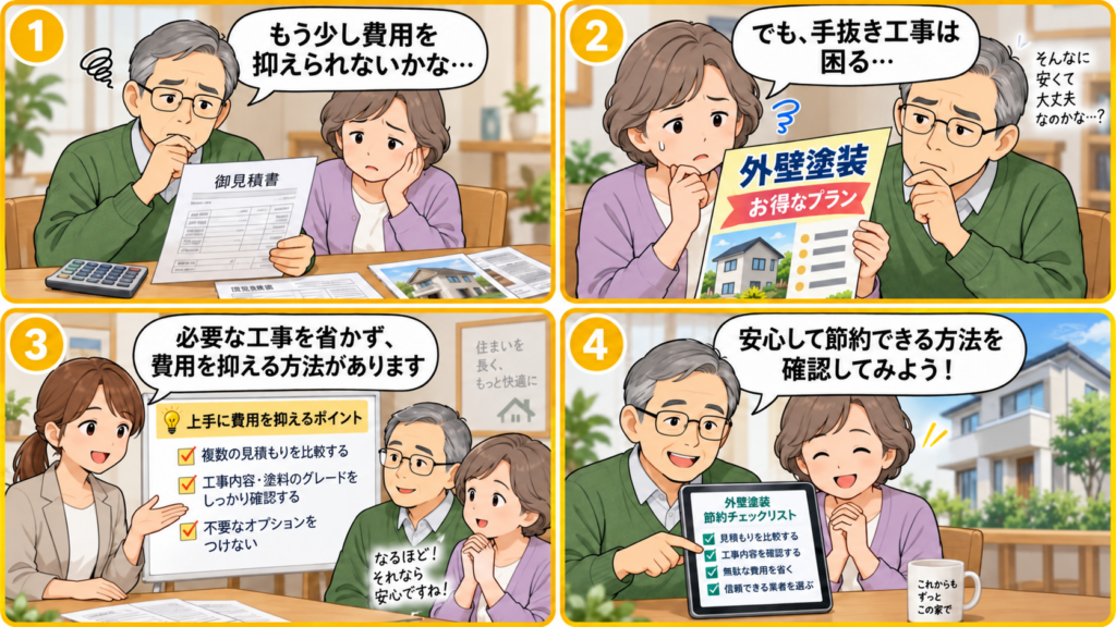 外壁塗装の業者探しに迷う年配夫婦が、案内役女性と自分に合った業者の探し方を確認する4コマ漫画