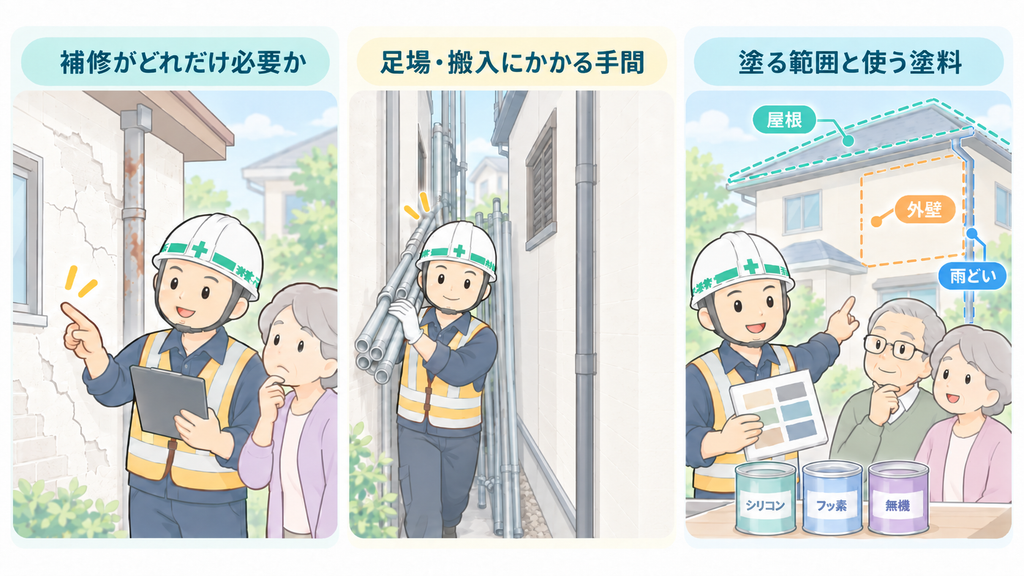 塗装費用に差が出る主な理由を、補修の必要性・足場や搬入の手間・塗装範囲と塗料の違いで示したイラスト
