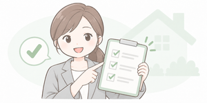 外壁塗装の業者選びを確認する案内役女性のイラスト