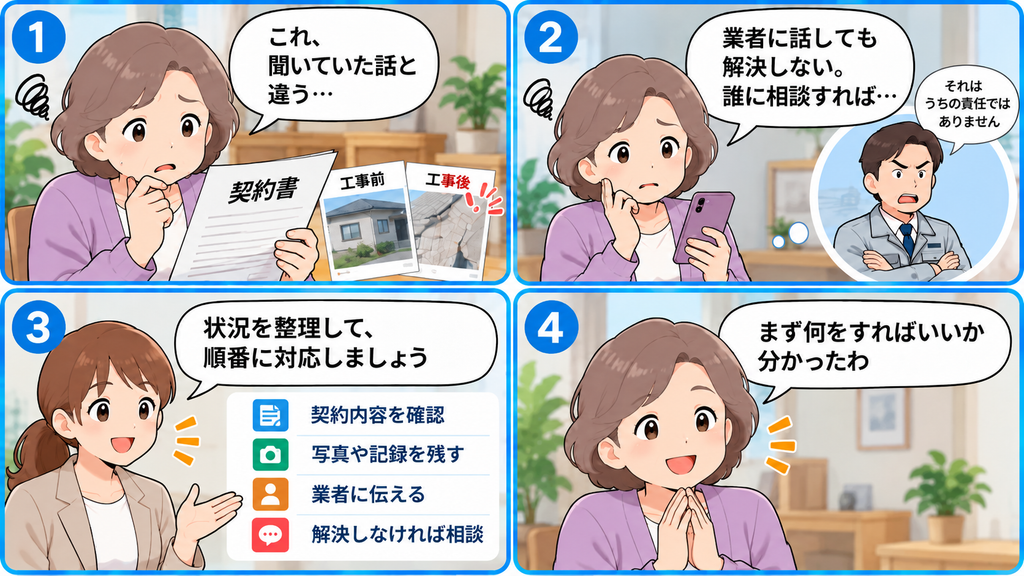 外壁塗装の契約や工事で困った年配女性が、案内役女性の説明で対応の順番を知り、何をすればよいか分かる4コマ漫画