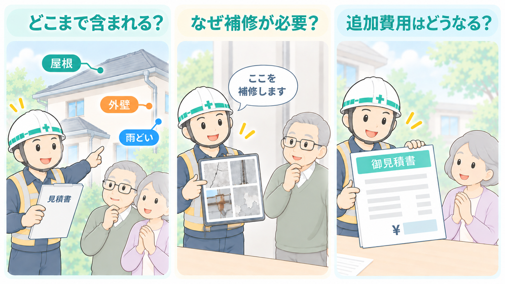 見積もりで確認したい3つのこととして、塗装範囲・補修の必要性・追加費用の説明場面を示したイラスト