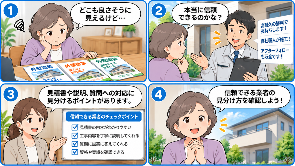 外壁塗装業者選びに迷う年配女性が、案内役女性から見積書や説明、質問への対応など信頼できる業者の見分け方を学ぶ4コマ漫画