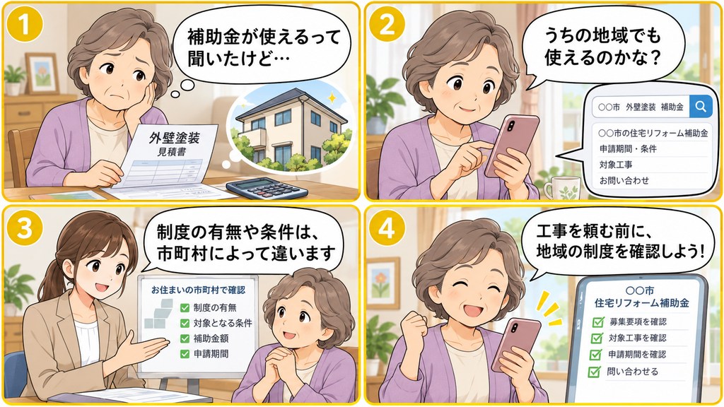 外壁塗装の補助金について年配女性が調べ、案内役女性の説明を受けながら市町村制度を確認する4コマ漫画