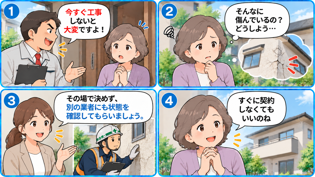 訪問販売の業者に工事を急かされた年配女性が、案内役女性とよしおの確認を通して、その場で契約せず別の業者にも見てもらう大切さを知る4コマ漫画