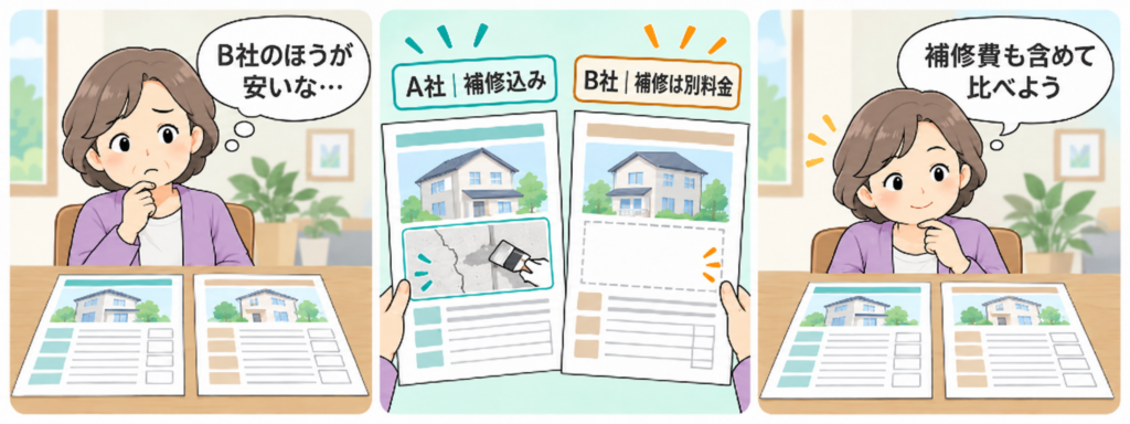 外壁塗装の見積もりを比較する女性が、B社のほうが安く見えても、A社は補修込み・B社は別料金と気づき、補修費も含めて比べようと考える3コマイラスト(PC版)