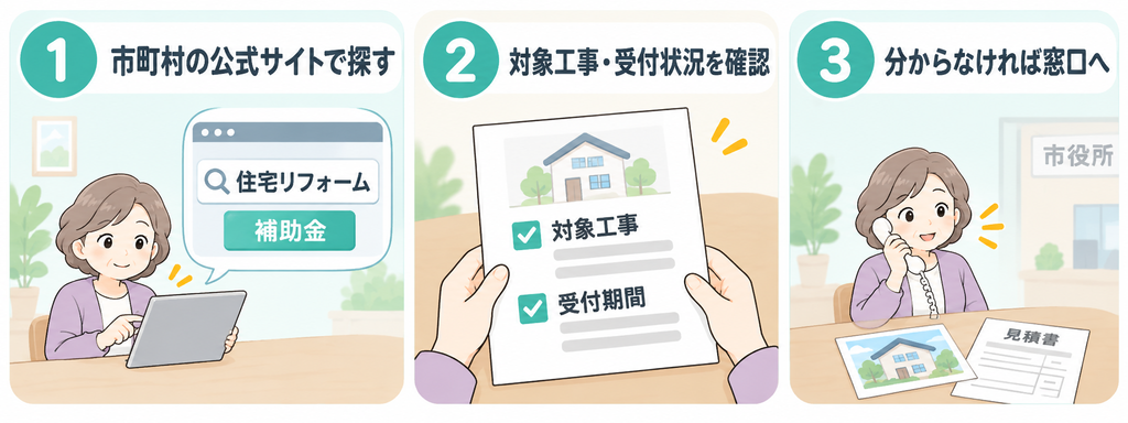 市町村の補助金をサイトで探すイラスト