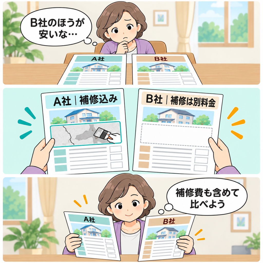 外壁塗装の見積もりを比較する女性が、B社のほうが安く見えても、A社は補修込み・B社は別料金と気づき、補修費も含めて比べようと考える3コマイラスト(スマホ版)