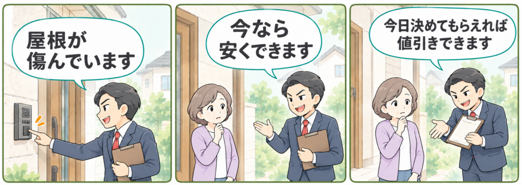 訪問販売で不安をあおり、その場で値引きを提示して契約を急がせる流れの3コマイラスト