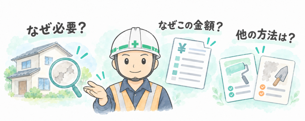 現役塗装職人よしおが、工事の必要性・金額の理由・他の選択肢を、家や見積書のイラストとともに伝える様子。