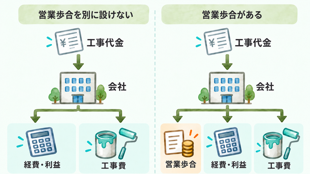 営業歩合を別に設けない場合と、営業歩合がある場合を比較。工事代金が経費・利益、工事費、営業歩合に配分される仕組みを示した図。