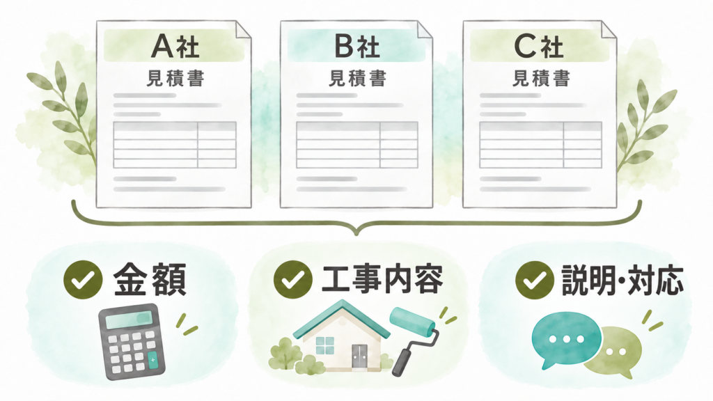 A社・B社・C社の見積書を並べ、金額・工事内容・説明と対応を比較することを示した図。