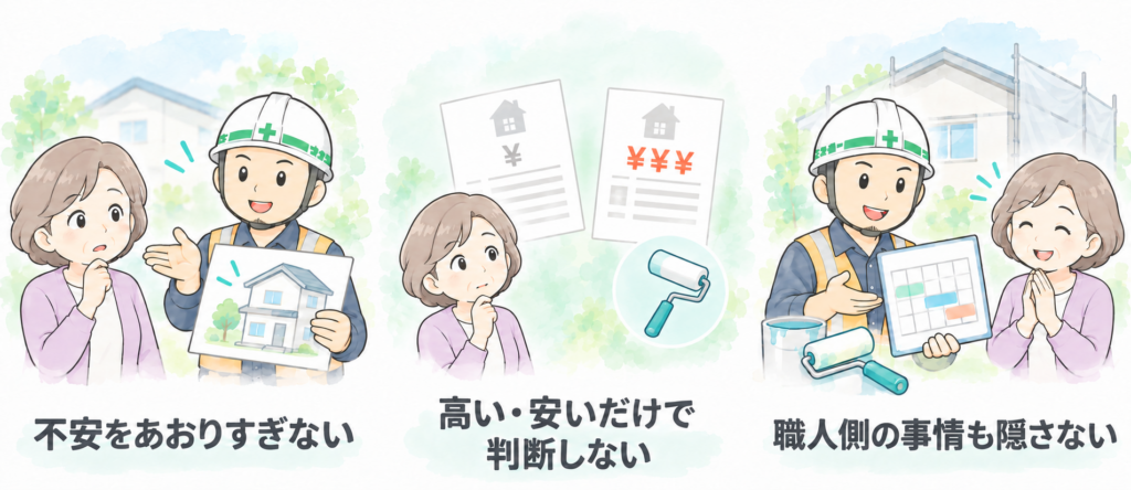 不安をあおりすぎず、価格だけで判断せず、職人側の事情も隠さず伝えるという3つの方針を表したイラスト。