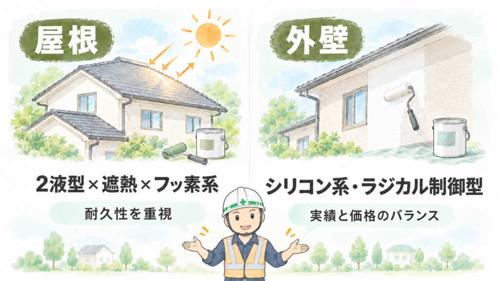 よしおが、屋根は2液型・遮熱・フッ素系で耐久性を重視し、外壁はシリコン系・ラジカル制御型で実績と価格のバランスを重視すると説明する比較イラスト。